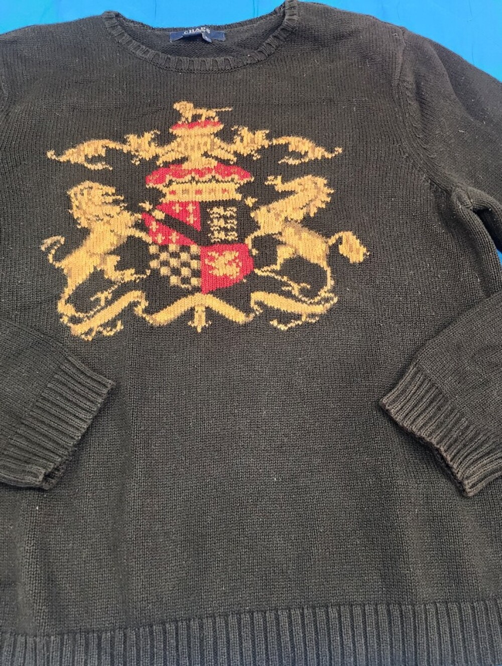Chaps Black Crewneck Sweater with Gold and Red Crest